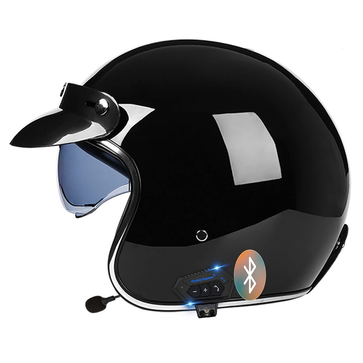 SDFGDFD Bluetooth Motorrad Halbhelm Jethelm Motorradhelm Retro-Moto-Helm mit Sonnenblende Vintage Motorrad Halbschale JetHelm Männer und Frauen,ECE-Zulassung Motorrad-Halbhelm von SDFGDFD