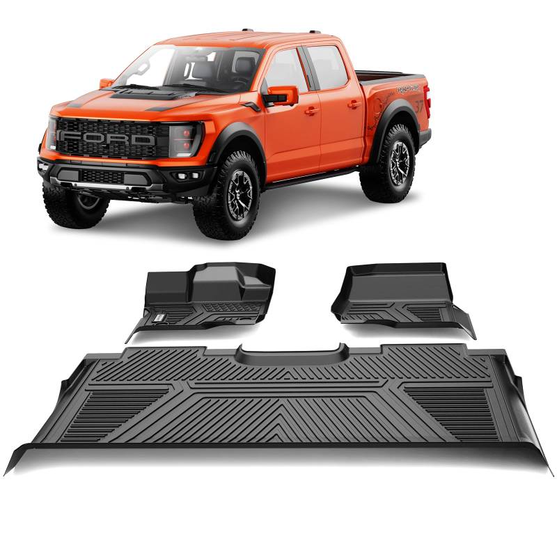 SEALIGHT Fußmatten, kompatibel mit Ford F150 SuperCrew/Crew Cab 2015–2024, Allwetterschutz, komplettes Set, beinhaltet 1. und 2. Reihe, Auto-Bodenauskleidung, schwarzes TPE, 3 Stück von SEALIGHT