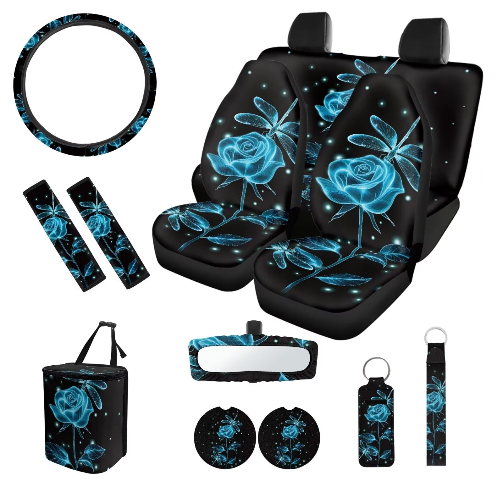 SEANATIVE 13-teiliges Set mit geteilten Sitzbankbezügen für vorne und hinten, blaue Rosen, Libellen-Design, Sicherheitsgurtbezug + Auto-Getränkehalter, Untersetzer, Schlüsselanhänger und von SEANATIVE