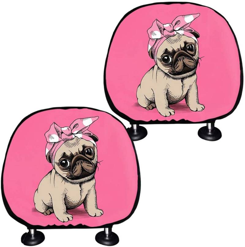 SEANATIVE 2-teiliges Autositz-Kopfstützenbezug-Set mit niedlichem Cartoon-Motiv Französische Bulldogge, rosa Eimersitz-Kopfstützen-Kissenbezug. von SEANATIVE