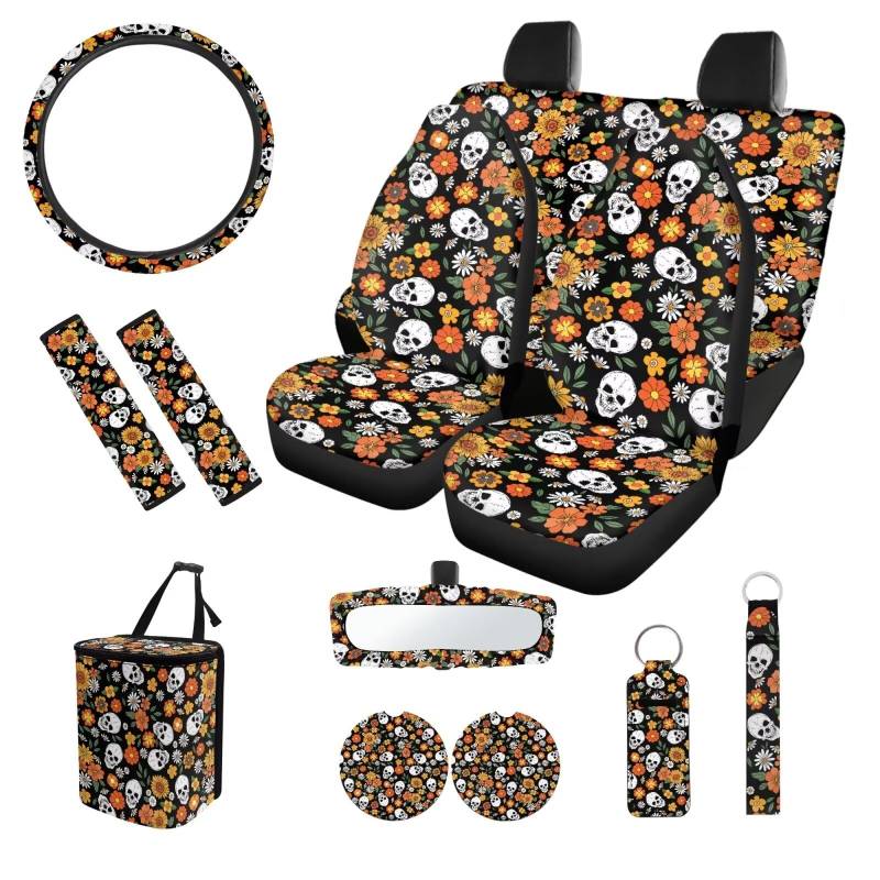 SEANATIVE Auto-Sitzkissen mit Totenkopf-Blumenmuster, lustiges Design, Lenkradbezug und Sicherheitsgurtbezug, Auto-Becherhalter, Schlüsselanhänger, Müllsack, Lippenstiftschutz, von SEANATIVE