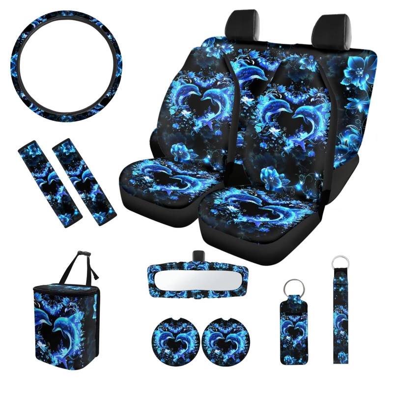 SEANATIVE Autositzbezüge, Tassenuntersetzer, Schlüsselanhänger, Lenkradbezug, Sicherheitsgurt-Schulterpolster, Auto-Müllsack, komplettes Set mit 13 Teilen, Blau, Delphin Love Autozubehör von SEANATIVE