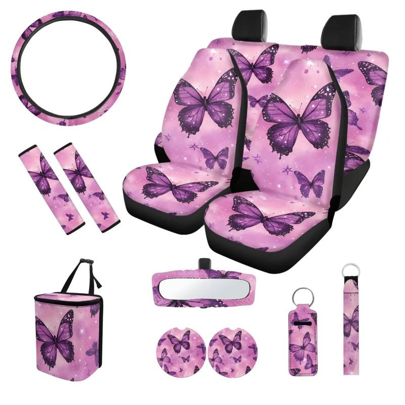 SEANATIVE Autositzbezüge mit Schmetterlingsmotiv, Violett, Becheruntersetzer, Schlüsselanhänger, Lenkradbezug, Sicherheitsgurt-Schulterpolster, Auto-Müllsack, komplettes Set mit 13-teiligem von SEANATIVE