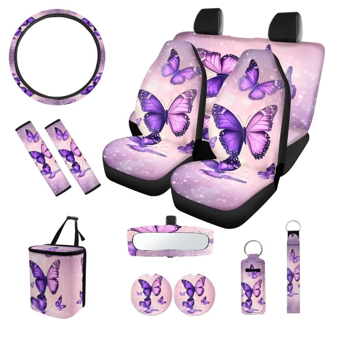 SEANATIVE Autositzbezug, komplettes Set, Autozubehör für Damen und Herren, violetter Schmetterling, Auto-Lenkradbezug und Sicherheitsgurtbezug, Auto-Becherhalter, Schlüsselanhänger, Auto-Müllsack von SEANATIVE