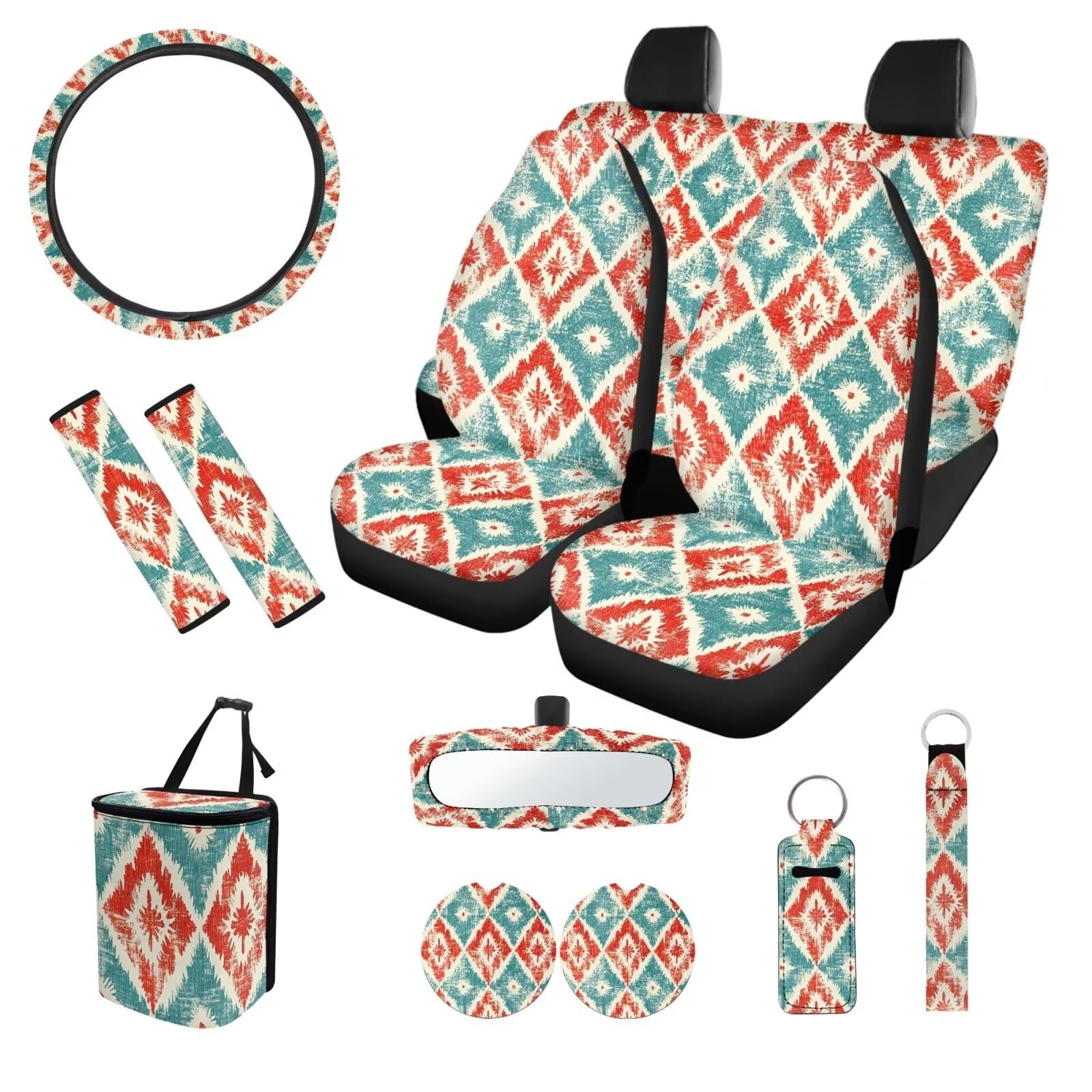 SEANATIVE Autositzbezug im Boho-Stil, ethnischer Tribal-Stil, komplettes Set, Autozubehör für Damen und Herren, Auto-Lenkradbezug und Sicherheitsgurtbezug, Auto-Becherhalter, Schlüsselanhänger, von SEANATIVE