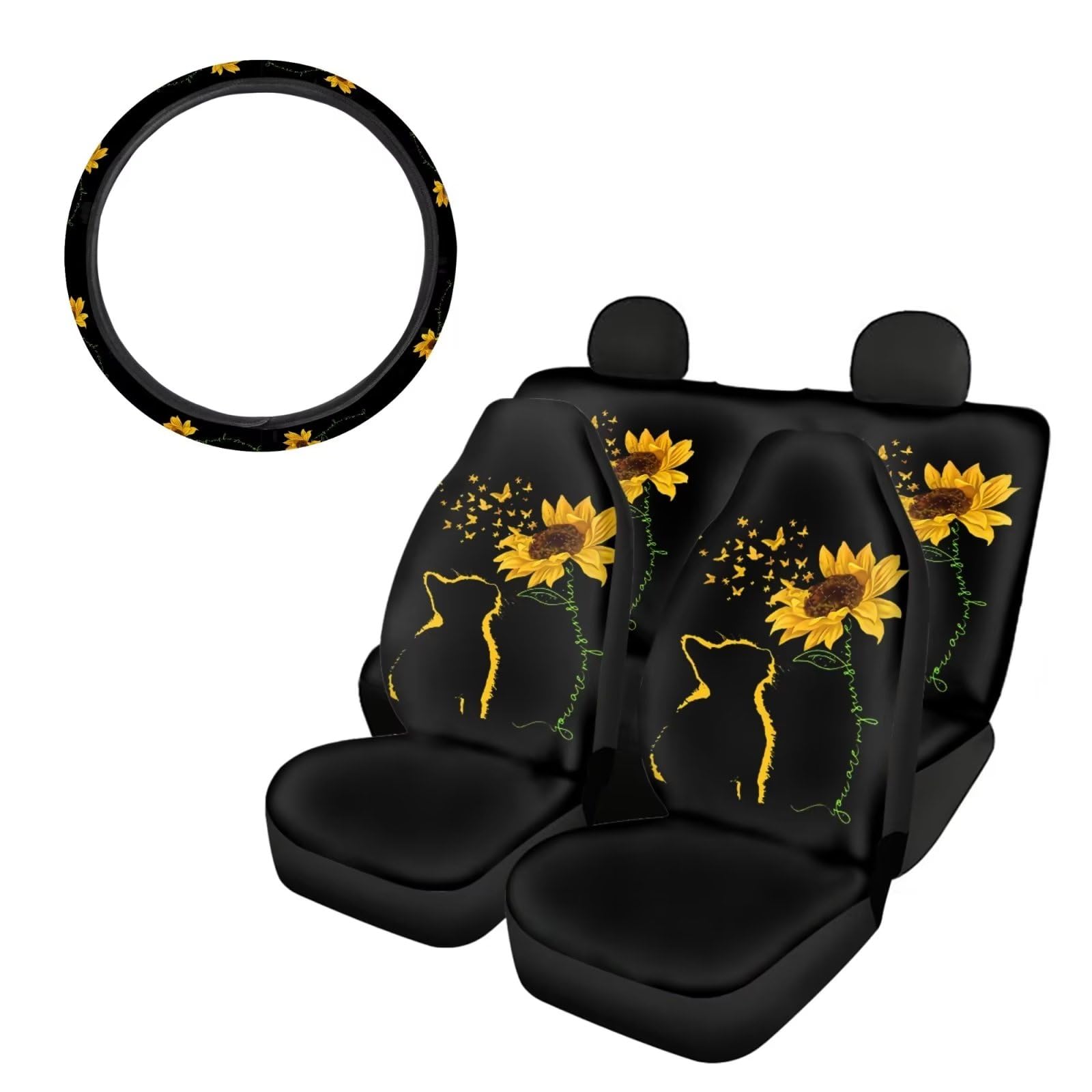 SEANATIVE Autositzbezug mit Lenkradbezug, Motiv: süßer Katzendruck, gelbe Sonnenblume, für Vorder- und Rücksitze, universelle Auto-Dekoration, 5-teilig von SEANATIVE