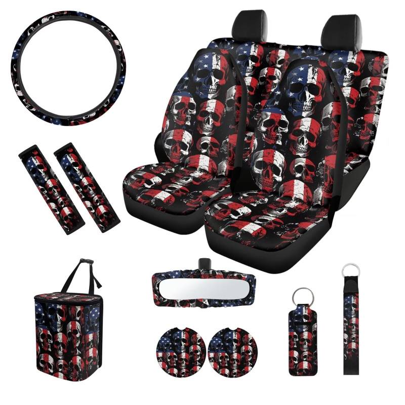 SEANATIVE Autositzbezug mit Totenkopf-Flagge, komplettes Set, Autozubehör für Damen und Herren, Auto-Lenkradbezug und Sicherheitsgurt-Abdeckung, Auto-Becherhalter, Schlüsselanhänger, Auto-Müllbeutel von SEANATIVE