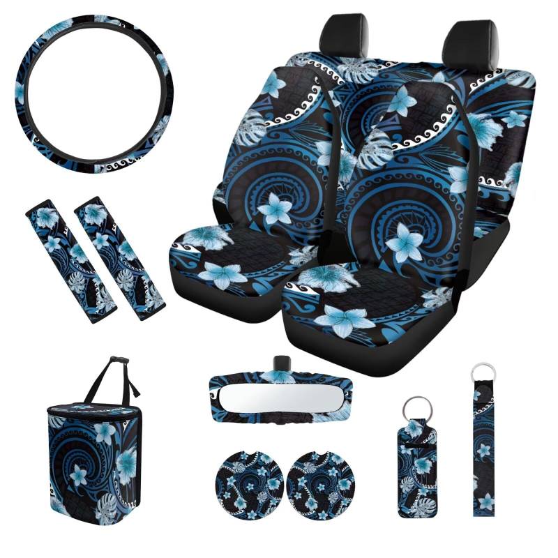 SEANATIVE Autositzbezug mit blauem Blumenmuster, komplettes Set, Autozubehör für Damen und Herren, Auto-Lenkradbezug und Sicherheitsgurtbezug, Auto-Becherhalter, Schlüsselanhänger, Auto-Müllsack von SEANATIVE