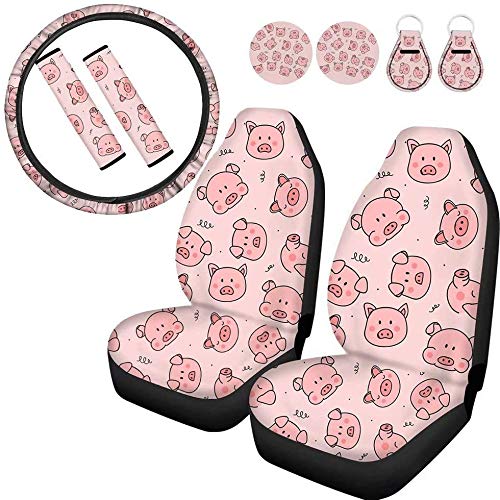 SEANATIVE Autositzschoner, Cartoon-Motiv, rosa Schweine-Druck, Sicherheitsgurt-Schulterpolster, Tassen-Untersetzer, Schlüsselanhänger, 38,1 cm Lenkradhülle für Damen, Geschenk von SEANATIVE