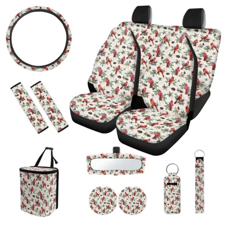 SEANATIVE Cardinal Birds Autositzbezüge, Tassenuntersetzer, Schlüsselanhänger, Lenkradbezug, Sicherheitsgurt-Schulterpolster, Auto-Müllsack, komplettes Set mit 13-teiligem Tribal-Autozubehör von SEANATIVE