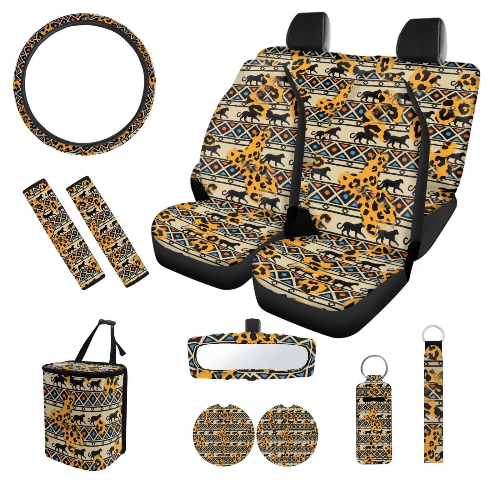 SEANATIVE Cheetah Aztec Tribal Auto Vorder- und Rücksitzkissen, Lenkradbezug und Sicherheitsgurtbezug, Auto-Becherhalter, Schlüsselanhänger, Müllsack, Lippenstiftschutz, Auto-Rückspiegelbezug-Set von SEANATIVE