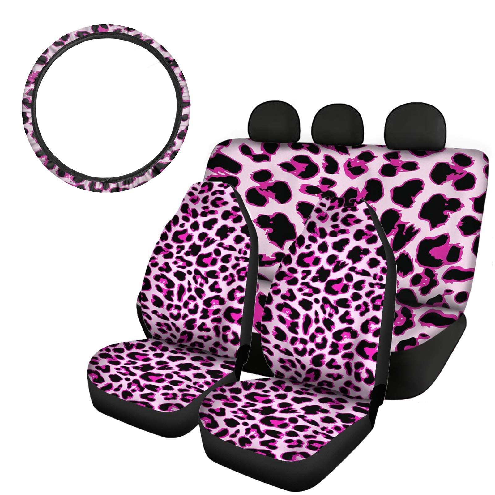 SEANATIVE Fashion Leopard Skin Print Stretch Auto Vordersitzbezüge mit Rücksitzbankbezug, Lenkradbezug, 4 Packungen Set für Damen, Pink von SEANATIVE
