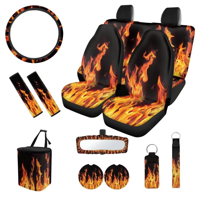 SEANATIVE Flame Autositzbezug für Herren, komplettes Set, Auto-Lenkradbezug und elastischer Autositzgurtbezug, Schlüsselanhänger, Untersetzer, Halter, Auto-Rückspiegel-Abdeckung, 13 Stück von SEANATIVE