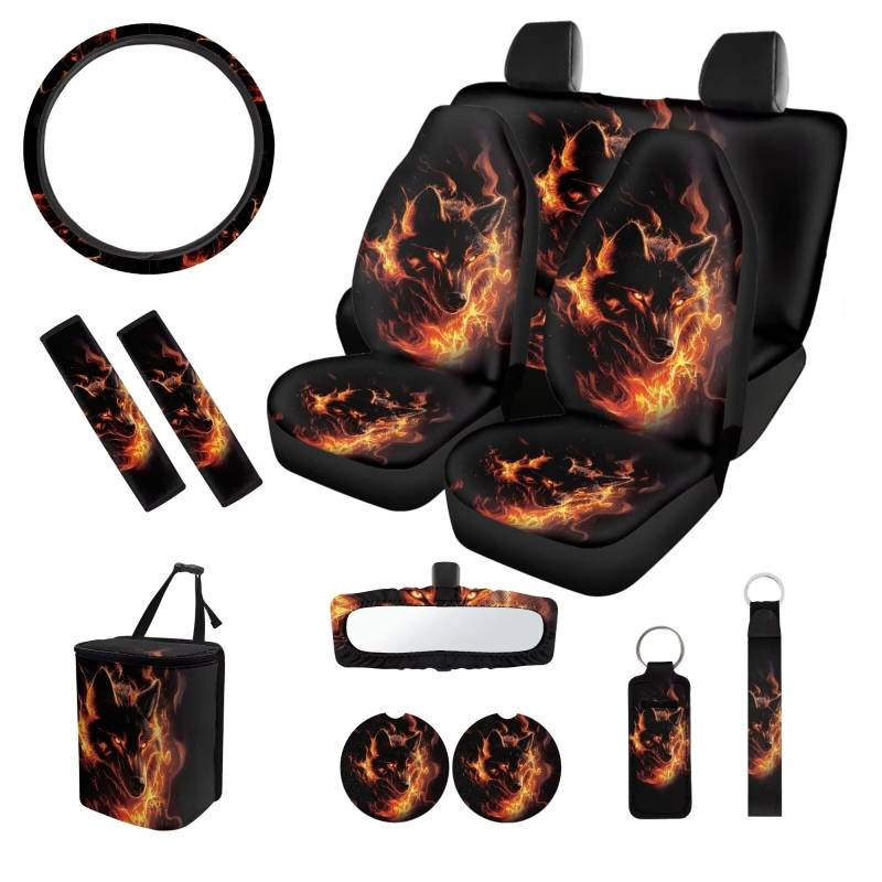 SEANATIVE Flame Wolf Auto Vorder- und Rücksitzkissen Lustiges Design Lenkradbezug und Sicherheitsgurtbezug Auto Getränkehalter Schlüsselanhänger Müllsack Lippenstiftschutz Auto Rückspiegel Abdeckung von SEANATIVE