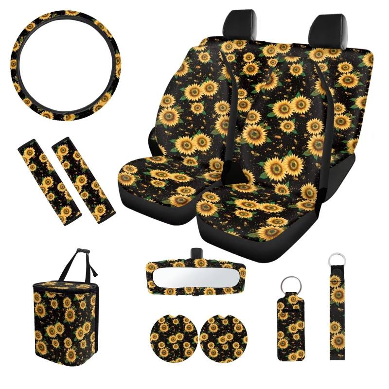 SEANATIVE Sunflowers Auto-Innenzubehör für Damen und Herren, bequemer Autositzbezug mit Auto-Lenkradbezug, Auto-Schlüsselanhänger, Auto-Sicherheitsgurtbezug, Lippenstift-Schutz, 13 Stück von SEANATIVE