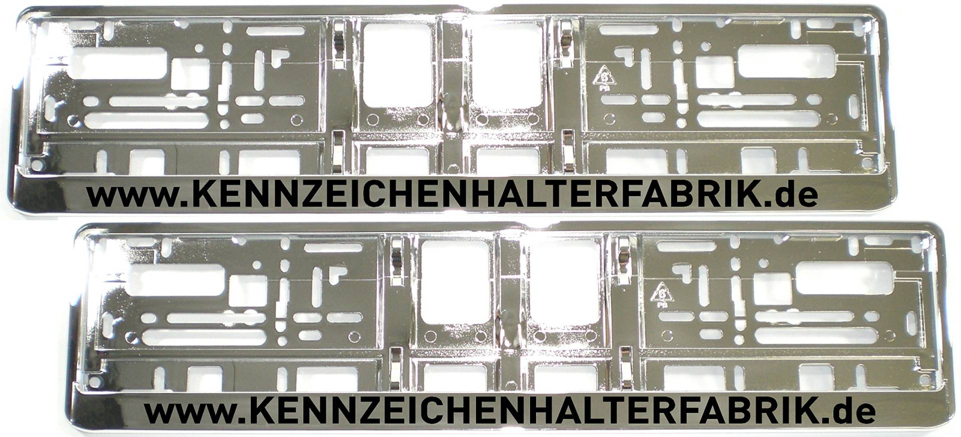 Satz (2 Stück) Kennzeichenhalter - Chrom - MIT INDIVIDUELLEM WUNSCHTEXT! - PREMIUMQUALITÄT! - Vollchrom Werbung Text Spruch Beschriftung personalisiert von SEEAS