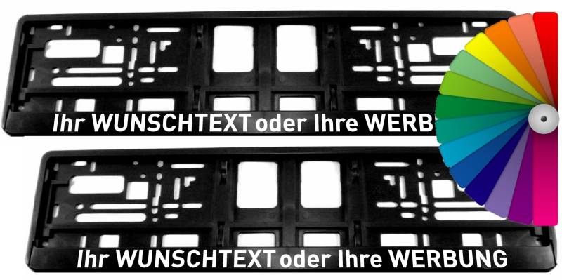 Satz (2 Stück) Kennzeichenhalter - MIT INDIVIDUELLEM WUNSCHTEXT - VOLLUMRANDUNG - Beschriftung Werbung Spruch Text personalisiert von SEEAS