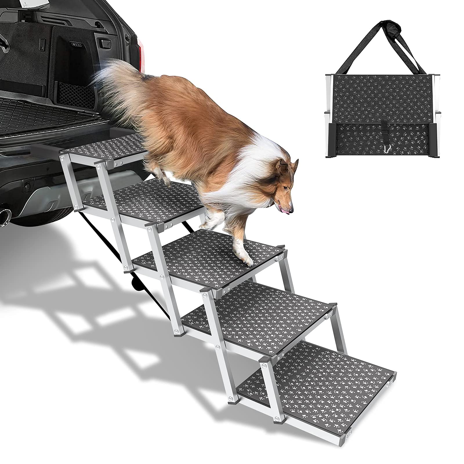 SEEZSSA Hunderampe fürs Auto, verbesserte 5-stufige Hundetreppe für mittelgroße und große Hunde, tragbar, zusammenklappbar, Aluminium-Teleskop-Hundetreppe für Autos, LKWs, rutschfeste, leichte von SEEZSSA