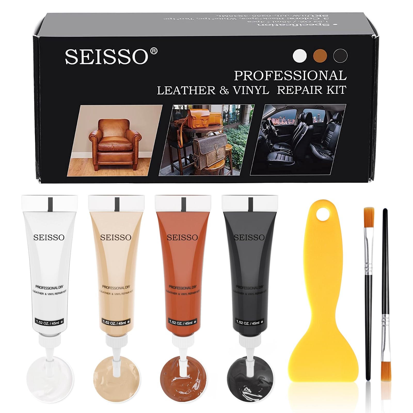 SEISSO Leder Reparatur Set, Lederreparatur Creme, Lederreparatursets Fiussigleder Reparatur Set, Leder Reparatur Set für Leadersofa, Schuhe, Mäntel, Autositz, Löcher, Kratzer, 4 Farben*45ml von SEISSO