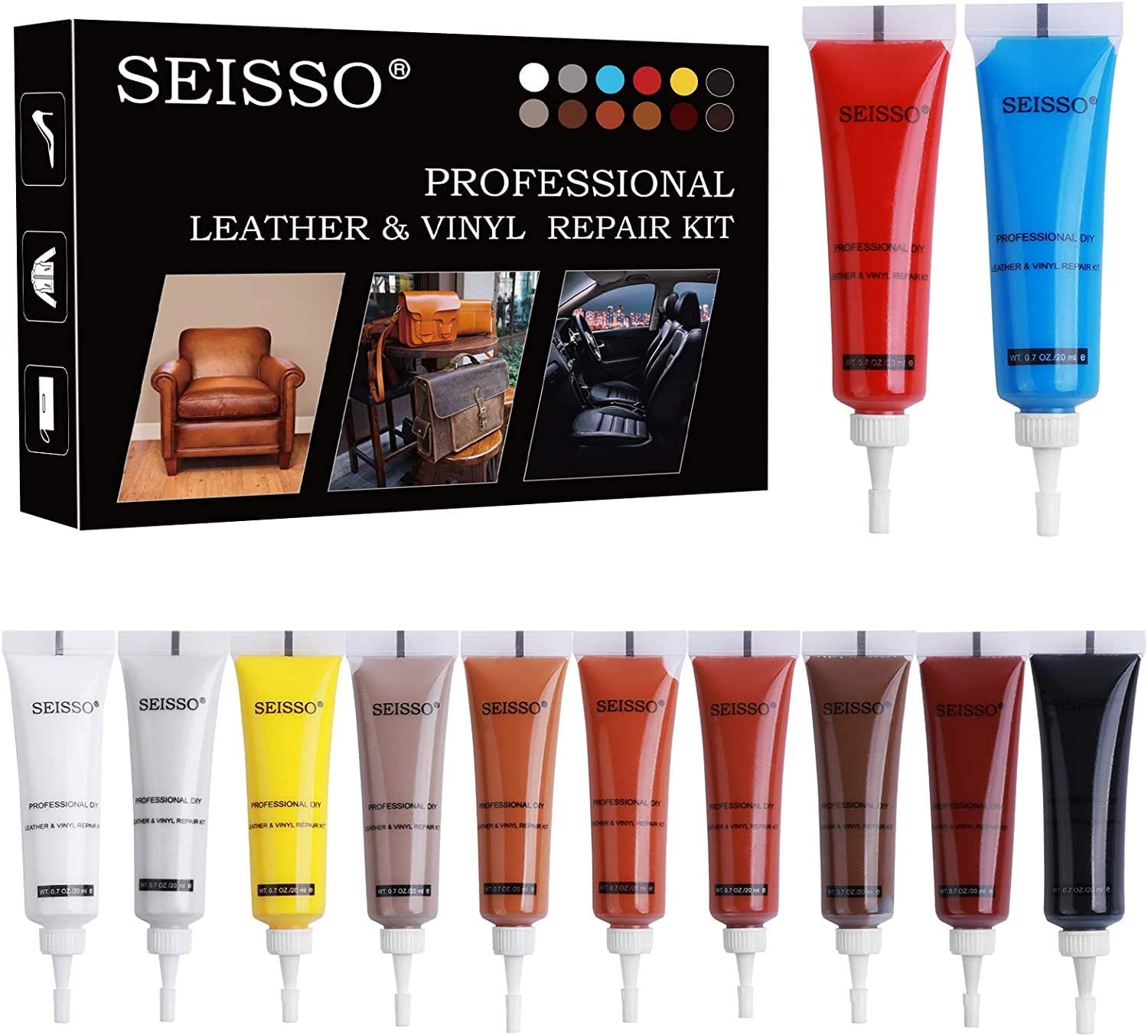 SEISSO Leder Reparatur Set,12 Farben Lederreparatursalbe,Kunstleder Reparatur Set,DIY Lederfarben-Reparaturset für Lederkratzer,auto lederpflege,geeignet für Sofas,Schuhe, Mäntel,Autositze（20ML） von SEISSO