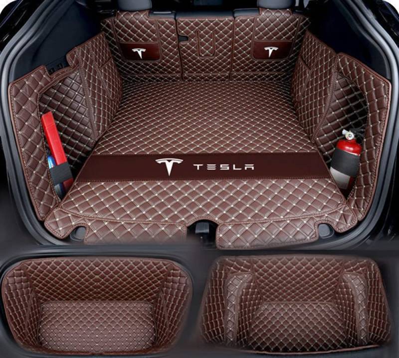 SERTUV Leder Kofferraummatten Kofferraumwanne, für Tesla Model Y 2021 2022 2023 Car Fahrzeuganpassung Heck Kofferraum VollstäNdige Schutzmatten Zubehör,Coffeestyle -3PCS von SERTUV