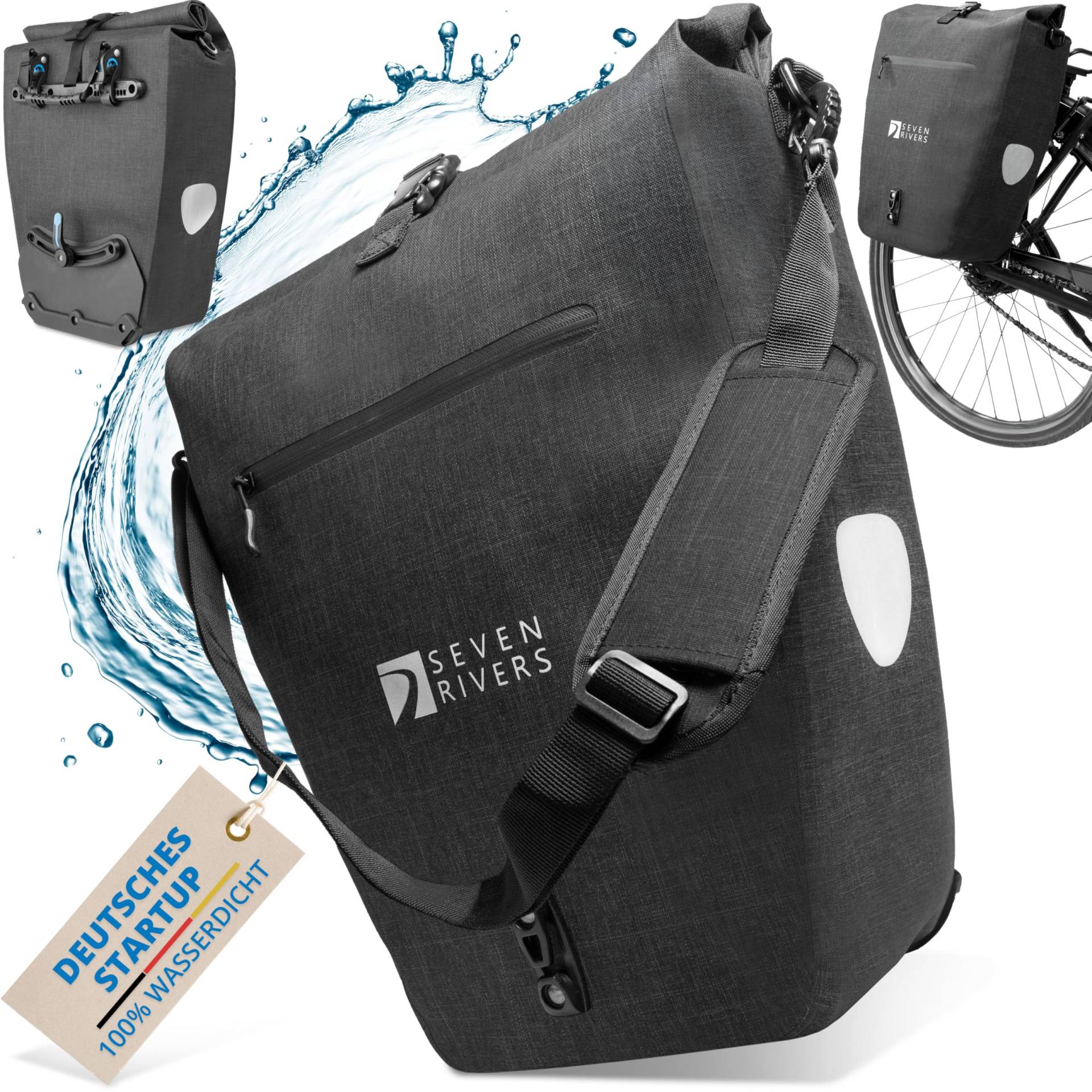 SEVENRIVERS® 2in1 Fahrradtasche inkl. extra Laptopfach [Neuheit 2024] 100% Wasserdicht – Gepäckträgertasche für Fahrrad inkl. Schultergurt (max. 28L) - Anthrazit von SEVENRIVERS