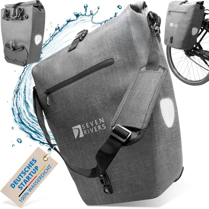 SEVENRIVERS 2in1 Fahrradtasche Gepäckträgertasche wasserdicht 100% PVC frei + Laptopfach + Schultergurt – Fahrrad Tasche für Gepäckträger (Grau) von SEVENRIVERS