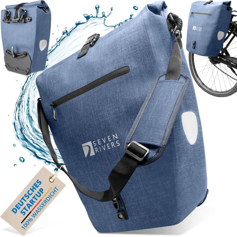 SEVENRIVERS 2in1 Fahrradtasche Gepäckträgertasche wasserdicht 100% PVC frei + Laptopfach + Schultergurt – Fahrrad Tasche für Gepäckträger (Jeans-Blau) von SEVENRIVERS