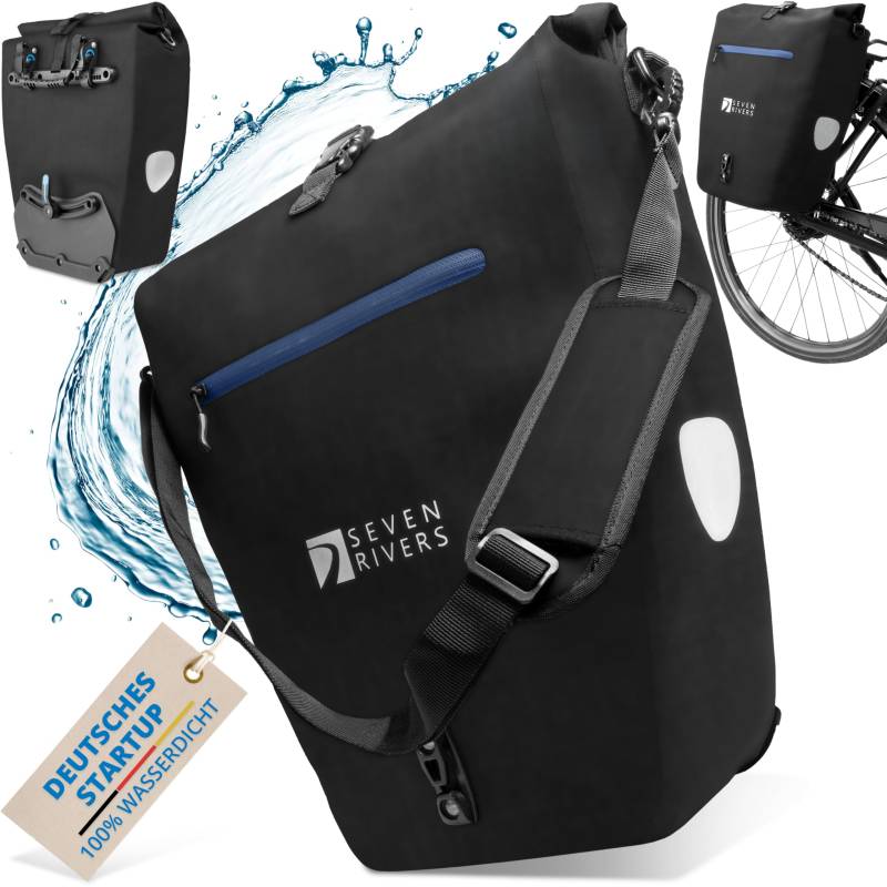 SEVENRIVERS 2in1 Fahrradtasche Gepäckträgertasche wasserdicht 100% PVC frei + Laptopfach + Schultergurt – Fahrrad Tasche für Gepäckträger (Schwarz) von SEVENRIVERS