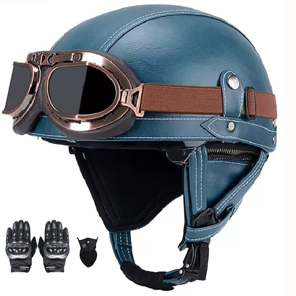 SFJITUTJAS Halb Motorradhelm PU Leder Halbhelm mit Brille Retro Halbschalenhelm für Erwachsene Damen Herren Offenes Gesicht Helm mit DOT/ECE-Zertifizierung für Bike Cruiser Roller (A,S(54 von SFJITUTJAS