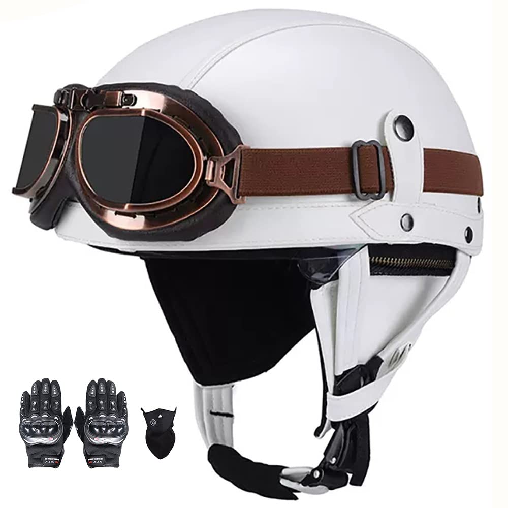 SFJITUTJAS Halber Motorradhelm, PU-Leder Half Helm mit Brille, Retro Halbschale Helm für Erwachsen Damen Und Herren, Jethelm mit DOT/ECE Zertifizierung, für Bike, Cruiser, Scooter(B,S(54~55CM)) von SFJITUTJAS