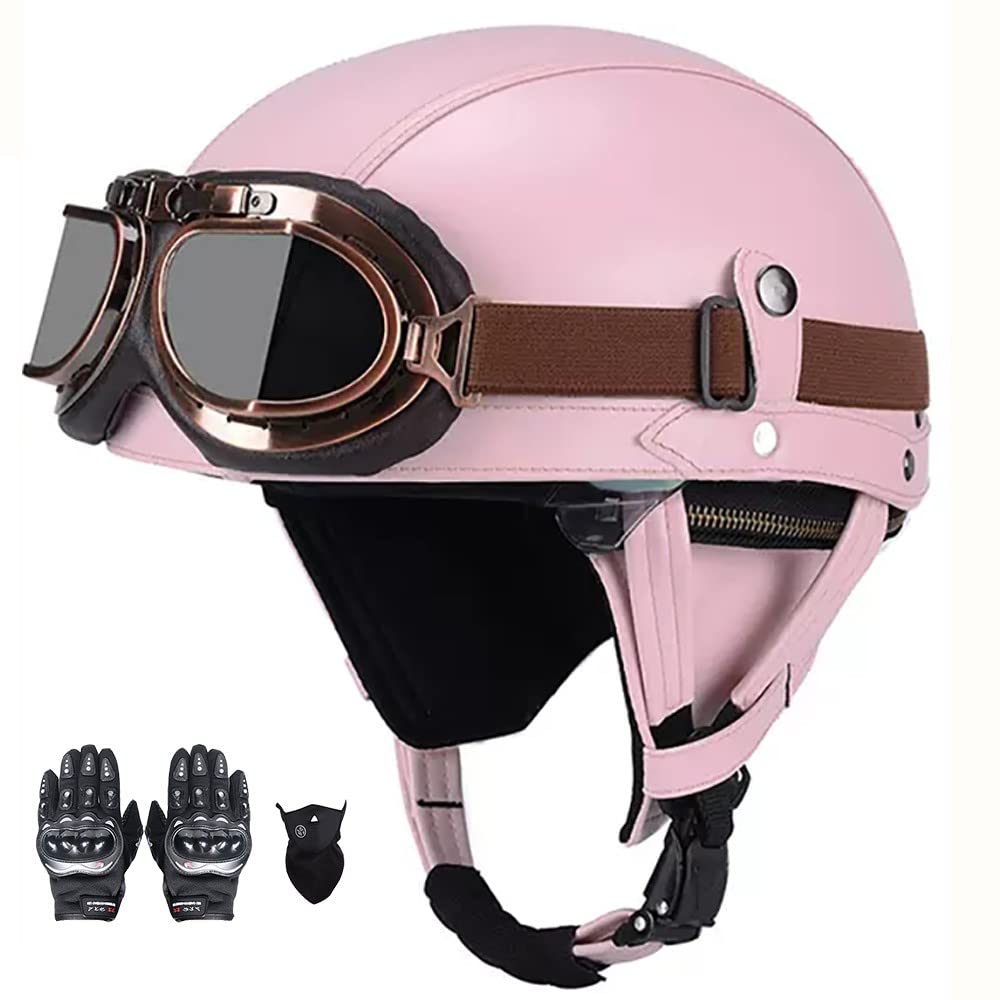 SFJITUTJAS Halber Motorradhelm, PU-Leder Half Helm mit Brille, Retro Halbschale Helm für Erwachsen Damen Und Herren, Jethelm mit DOT/ECE Zertifizierung, für Bike, Cruiser, Scooter(C,S(54~55CM)) von SFJITUTJAS