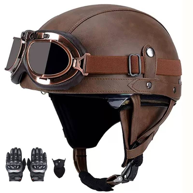 SFJITUTJAS Halber Motorradhelm, PU-Leder Half Helm mit Brille, Retro Halbschale Helm für Erwachsen Damen Und Herren, Jethelm mit DOT/ECE Zertifizierung, für Bike, Cruiser, Scooter(D,L(58~59CM)) von SFJITUTJAS