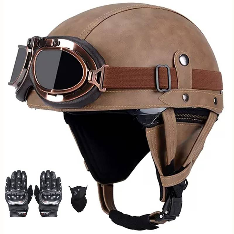 SFJITUTJAS Halber Motorradhelm, PU-Leder Half Helm mit Brille, Retro Halbschale Helm für Erwachsen Damen Und Herren, Jethelm mit DOT/ECE Zertifizierung, für Bike, Cruiser, Scooter(E,L(58~59CM)) von SFJITUTJAS