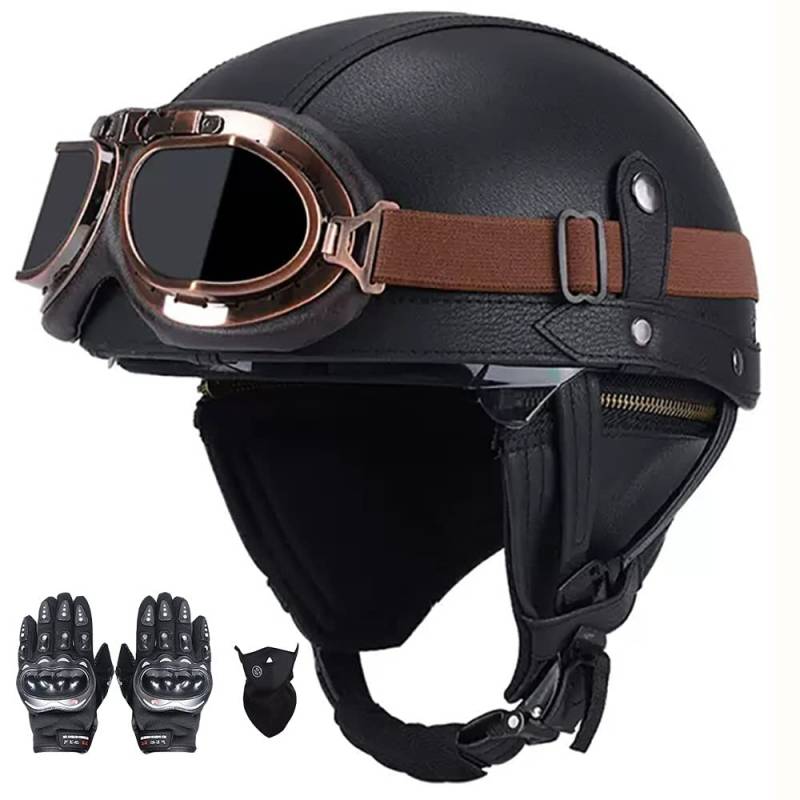 SFJITUTJAS Halber Motorradhelm, PU-Leder Half Helm mit Brille, Retro Halbschale Helm für Erwachsen Damen Und Herren, Jethelm mit DOT/ECE Zertifizierung, für Bike, Cruiser, Scooter(F,L(58~59CM)) von SFJITUTJAS