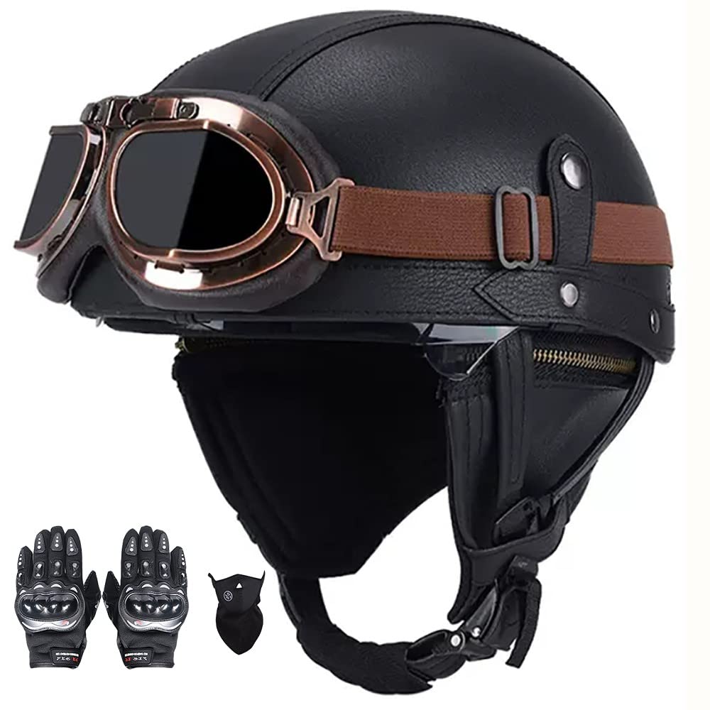 SFJITUTJAS Halber Motorradhelm, PU-Leder Half Helm mit Brille, Retro Halbschale Helm für Erwachsen Damen Und Herren, Jethelm mit DOT/ECE Zertifizierung, für Bike, Cruiser, Scooter(F,M(56~57CM)) von SFJITUTJAS