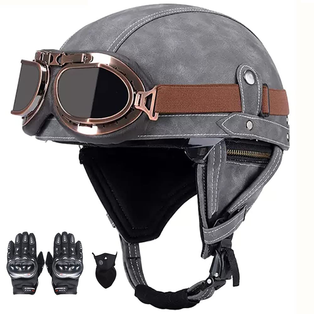 SFJITUTJAS Halber Motorradhelm, PU-Leder Half Helm mit Brille, Retro Halbschale Helm für Erwachsen Damen Und Herren, Jethelm mit DOT/ECE Zertifizierung, für Bike, Cruiser, Scooter(G,L(58~59CM)) von SFJITUTJAS