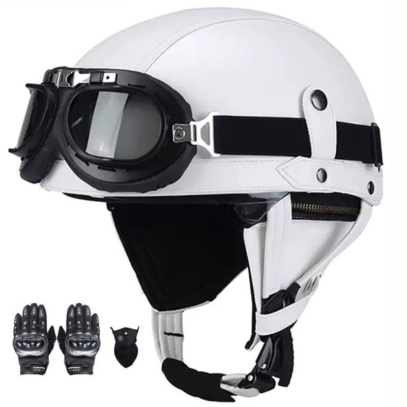 SFJITUTJAS Halber Motorradhelm, PU-Leder Half Helm mit Brille, Retro Halbschale Helm für Erwachsen Damen Und Herren, Jethelm mit DOT/ECE Zertifizierung, für Bike, Cruiser, Scooter(I,S(54~55CM)) von SFJITUTJAS