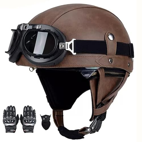 SFJITUTJAS Halber Motorradhelm, PU-Leder Half Helm mit Brille, Retro Halbschale Helm für Erwachsen Damen Und Herren, Jethelm mit DOT/ECE Zertifizierung, für Bike, Cruiser, Scooter(J,L(58~59CM)) von SFJITUTJAS