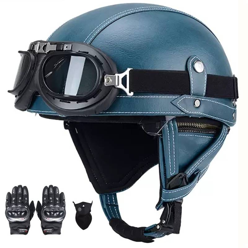 SFJITUTJAS Halber Motorradhelm, PU-Leder Half Helm mit Brille, Retro Halbschale Helm für Erwachsen Damen Und Herren, Jethelm mit DOT/ECE Zertifizierung, für Bike, Cruiser, Scooter(K,M(56~57CM)) von SFJITUTJAS