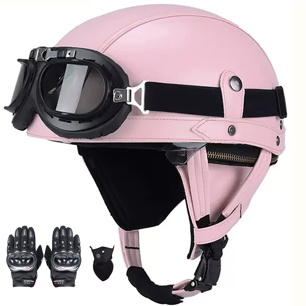 SFJITUTJAS Halber Motorradhelm, PU-Leder Half Helm mit Brille, Retro Halbschale Helm für Erwachsen Damen Und Herren, Jethelm mit DOT/ECE Zertifizierung, für Bike, Cruiser, Scooter(L,L(58~59CM)) von SFJITUTJAS