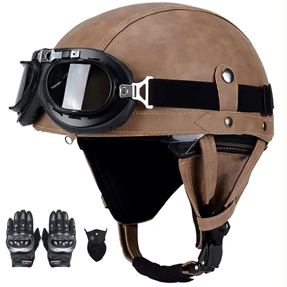 SFJITUTJAS Halber Motorradhelm, PU-Leder Half Helm mit Brille, Retro Halbschale Helm für Erwachsen Damen Und Herren, Jethelm mit DOT/ECE Zertifizierung, für Bike, Cruiser, Scooter(M,L(58~59CM)) von SFJITUTJAS