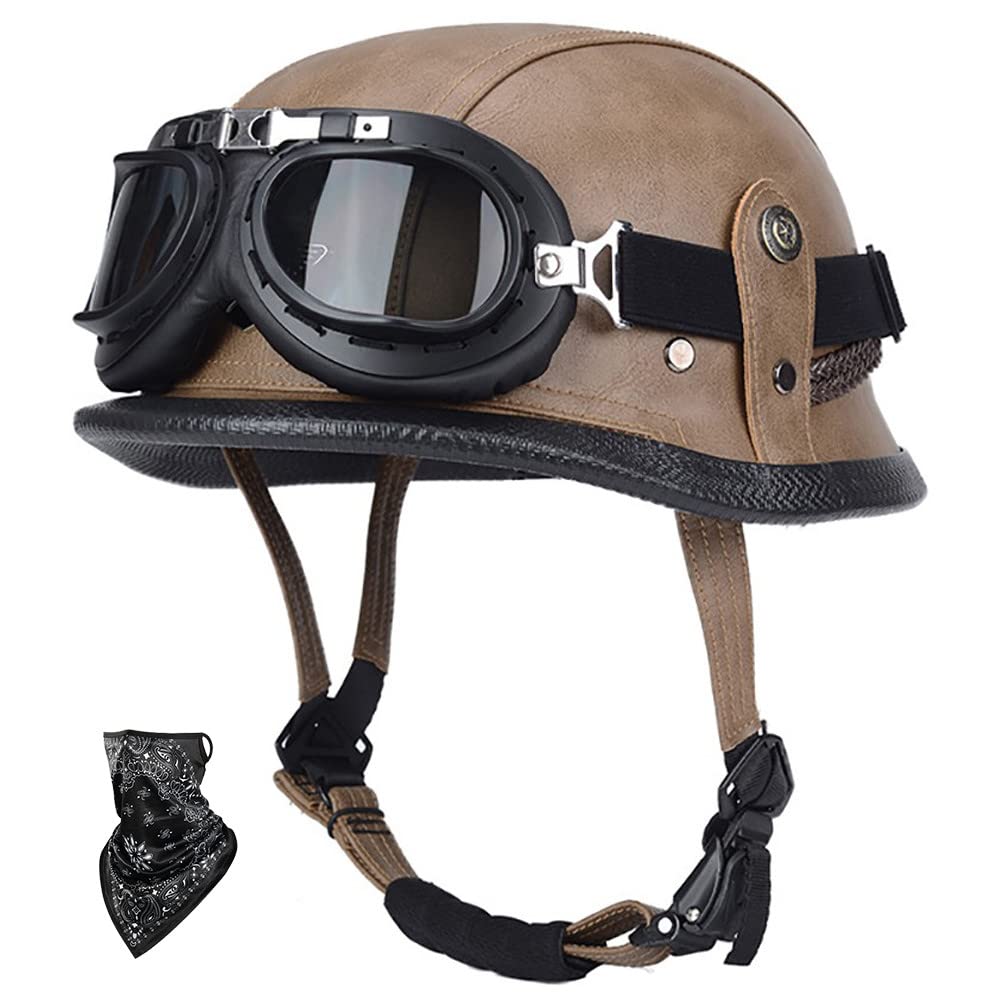 SFJITUTJAS Halbhelme Motorradhelm Pu-Leder Half Helm mit Schutzbrille DOT/ECE-Zulassung Retro Halbschalenhelm mit Visier Schnellverschluss Schnalle Erwachsene Unisex JetHelm(A,XXL(61~62CM)) von SFJITUTJAS