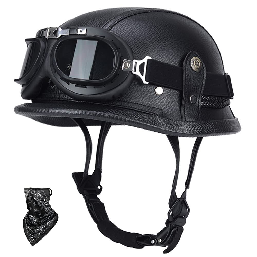 SFJITUTJAS Halbhelme Motorradhelm Pu-Leder Half Helm mit Schutzbrille DOT/ECE-Zulassung Retro Halbschalenhelm mit Visier Schnellverschluss Schnalle Erwachsene Unisex JetHelm(B,L(57~60CM)) von SFJITUTJAS