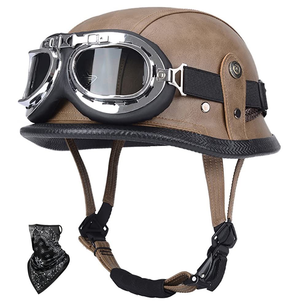 SFJITUTJAS Halbhelme Motorradhelm Pu-Leder Half Helm mit Schutzbrille DOT/ECE-Zulassung Retro Halbschalenhelm mit Visier Schnellverschluss Schnalle Erwachsene Unisex JetHelm(E,XXL(61~62CM)) von SFJITUTJAS