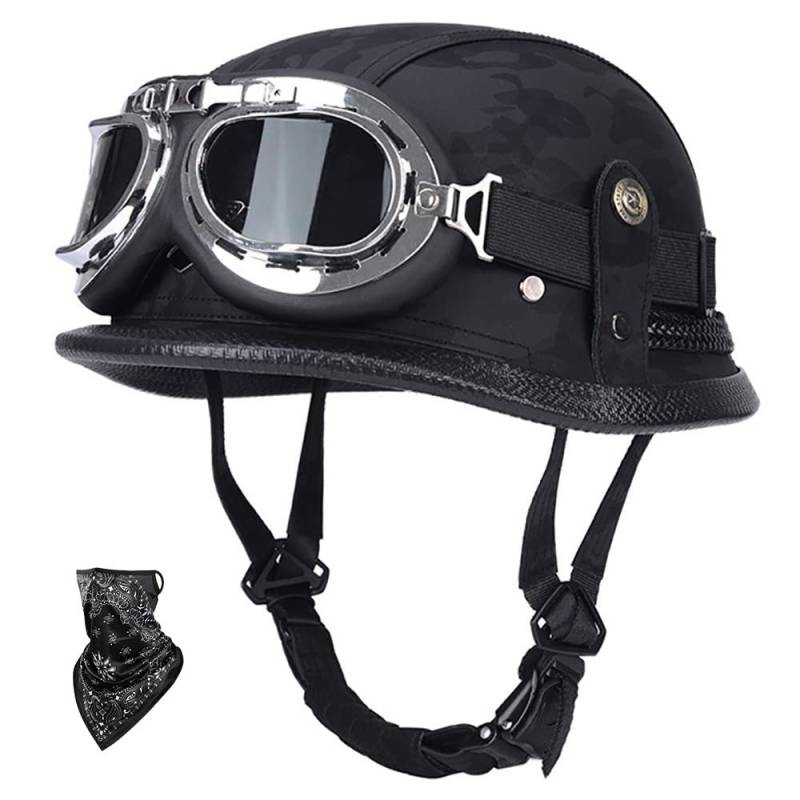 SFJITUTJAS Halbhelme Motorradhelm Pu-Leder Half Helm mit Schutzbrille DOT/ECE-Zulassung Retro Halbschalenhelm mit Visier Schnellverschluss Schnalle Erwachsene Unisex JetHelm(F,L(57~60CM)) von SFJITUTJAS