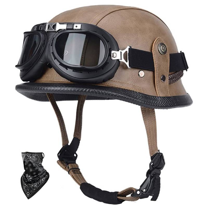 SFJITUTJAS Halbhelme Motorradhelm Pu-Leder Half Helm mit Schutzbrille DOT/ECE-Zulassung Retro Halbschalenhelm mit Visier Schnellverschluss Schnalle Erwachsene Unisex JetHelm(F,XXXL(63~65CM)) von SFJITUTJAS