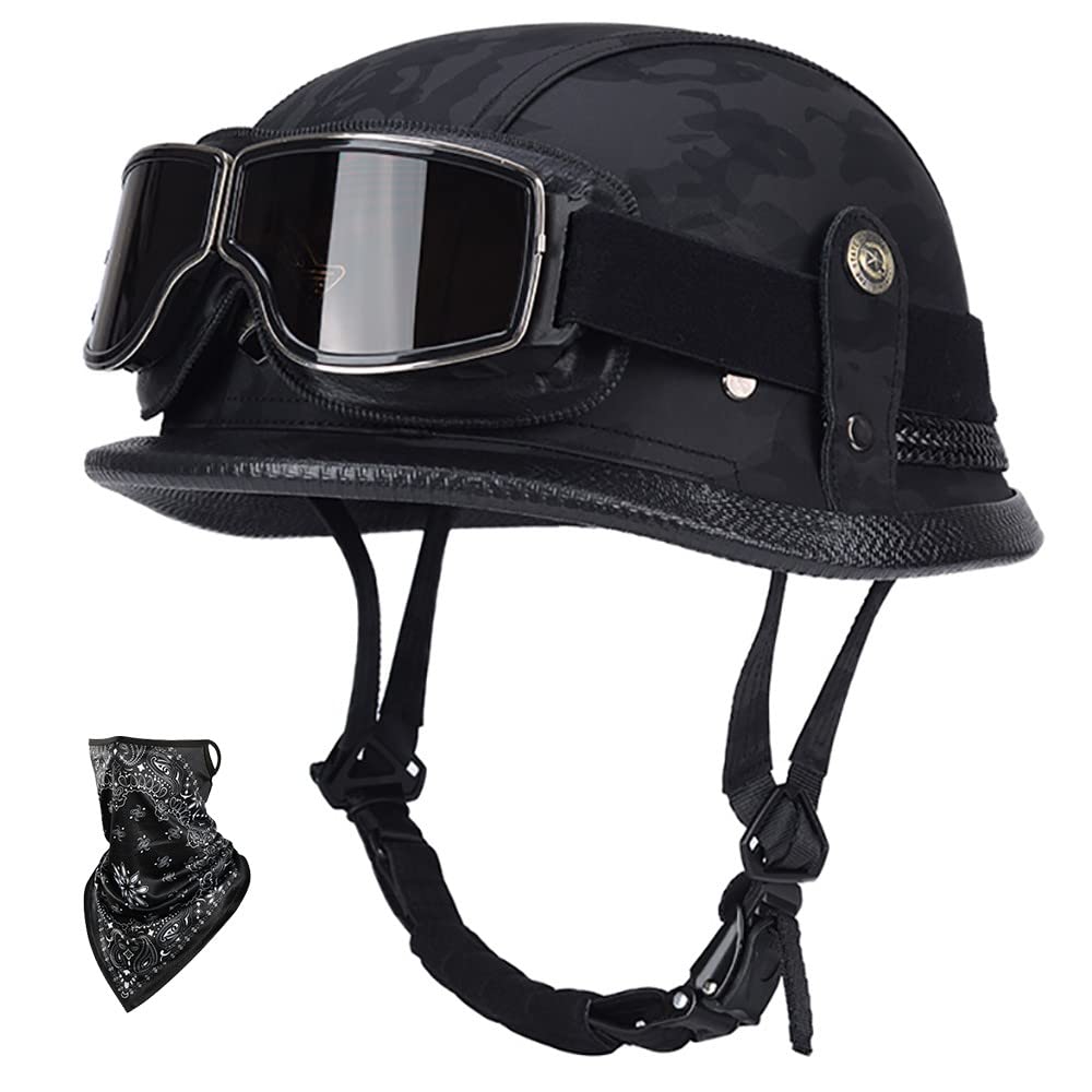 SFJITUTJAS Halbhelme Motorradhelm Pu-Leder Half Helm mit Schutzbrille DOT/ECE-Zulassung Retro Halbschalenhelm mit Visier Schnellverschluss Schnalle Erwachsene Unisex JetHelm(G,L(57~60CM)) von SFJITUTJAS