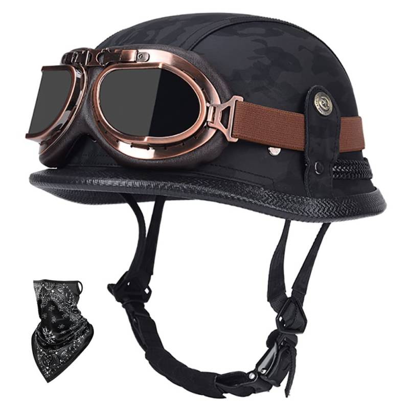 SFJITUTJAS Halbhelme Motorradhelm Pu-Leder Half Helm mit Schutzbrille DOT/ECE-Zulassung Retro Halbschalenhelm mit Visier Schnellverschluss Schnalle Erwachsene Unisex JetHelm(H,M(55~56CM)) von SFJITUTJAS