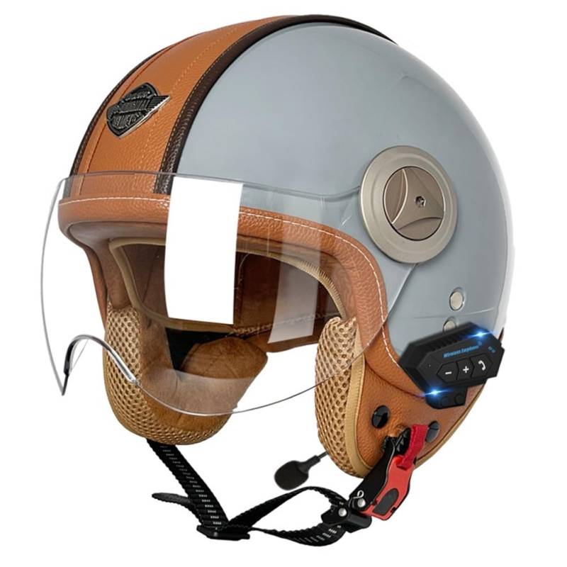 SFJITUTJAS Vintage Motorradhelm Bluetooth Helme Mit Visier Herausnehmbares Innenfutter Abnehmbarer Ohrenschutz ECE-Zertifizierter Helm Herren Damen Scooter Chopper Helm Höhere Fahrsicherheit(D,XXL(61~ von SFJITUTJAS